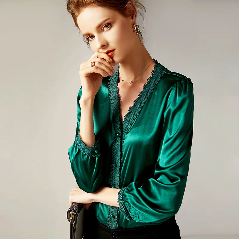 

R10069 European and American Ladies Blouses V-neck Long Sleeve Vintage Women Spring Clothes Pure Silk Shirts
