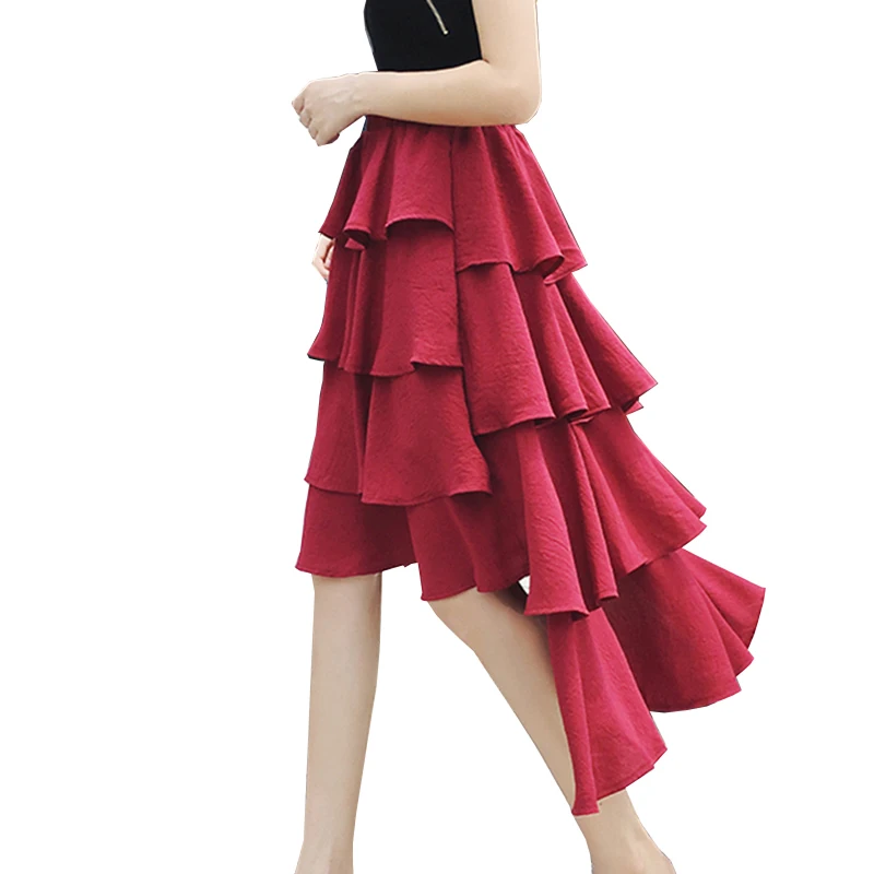 Trytree Летняя асимметричная Длина Женская юбка каскадные оборки эластичная талия