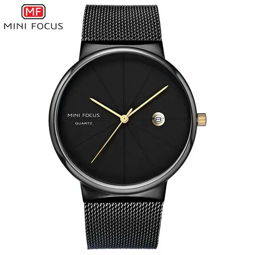 ALLBLACK MINIFOCUS, модные мужские часы, Топ бренд, роскошная одежда, кварцевые часы для мужчин, ультра тонкий синий сетчатый ремешок, авто отображение даты, часы - Цвет: ALLBLACK
