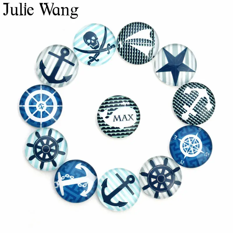 

Julie Wang 20pcs 10/12/14/18mm Anchor Rudder Pirate Cat Glass Cabochon For Necklace Earrings Bracelet Jewelry Making Accessory