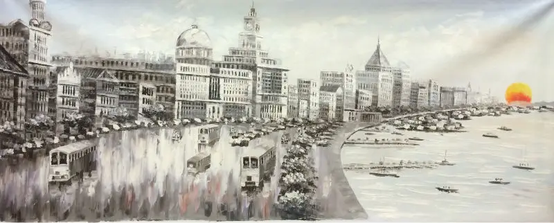 

HandPainted White and Black China Shanghai Bund Landscape Oil Canvas Painting Abstract Wall art Picture Painting for Home Decor