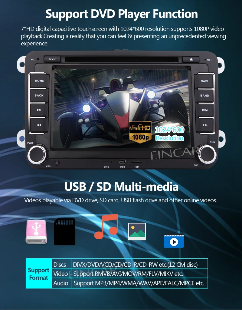 Eincar Авторадио 2 Din стерео 7 дюймов Сенсорный экран dvd плеер головное устройство с
