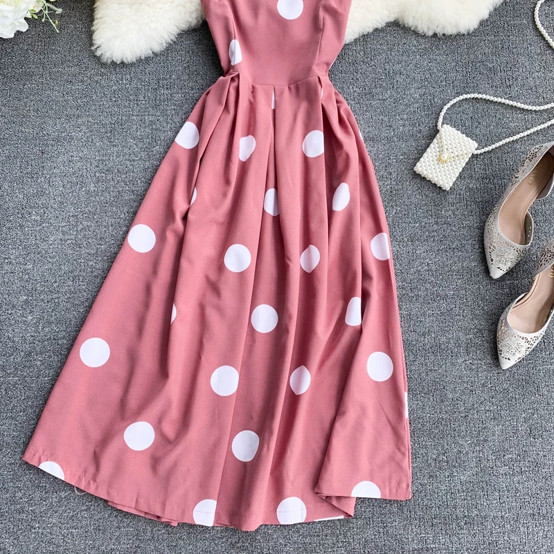 Boho 1950s винтажное Летнее Длинное платье миди в горошек с тонкими бретельками, женское богемное повседневное Ретро пляжное праздничное платье