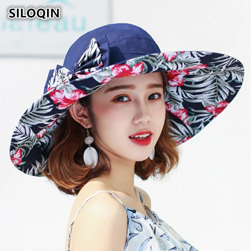 

SILOQIN Foldable Women's Super Big Brim Sun Hats Wind Rope Fixed UV Beach Hat 2019 New Summer Fashion Bow Visor For Adult Women