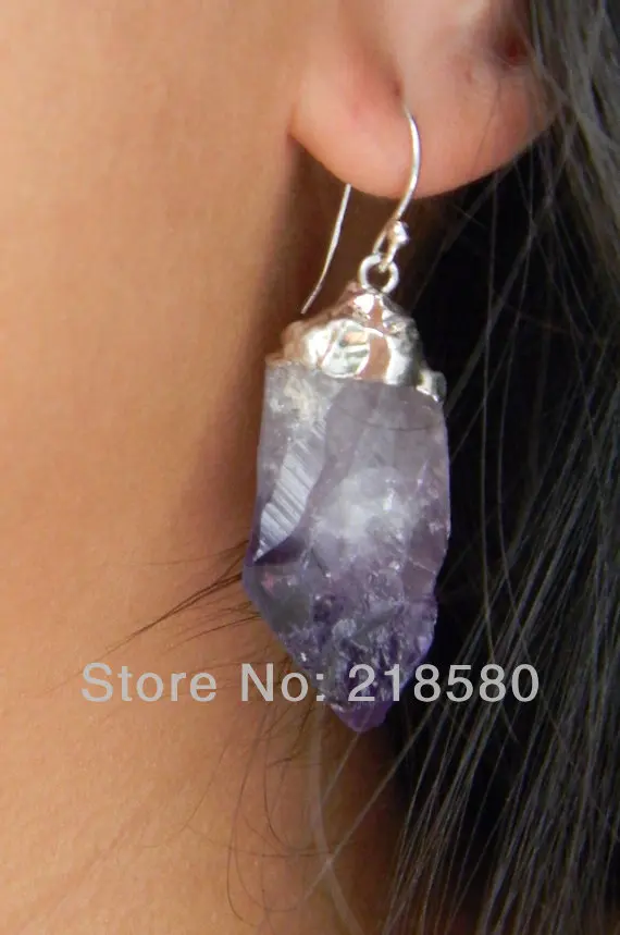 

H-QE01 5pairs/lot Hearing Stone Sterling Silver Raw Amethysts Crystal Point Drop Earrings