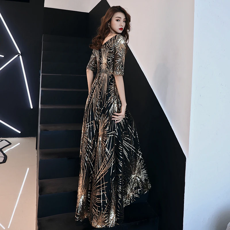 2020 Luxury Long Sequin Evening Dress Black A Line V Neck Cheap Gowns Half Sleeves Prom Party Formal Dresses LF199 | Свадьбы и