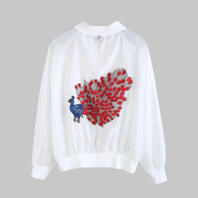 2017 Летняя Мода Пальто Павлин Вышивка Перспектива Zip Кружева Женский Бейсбол