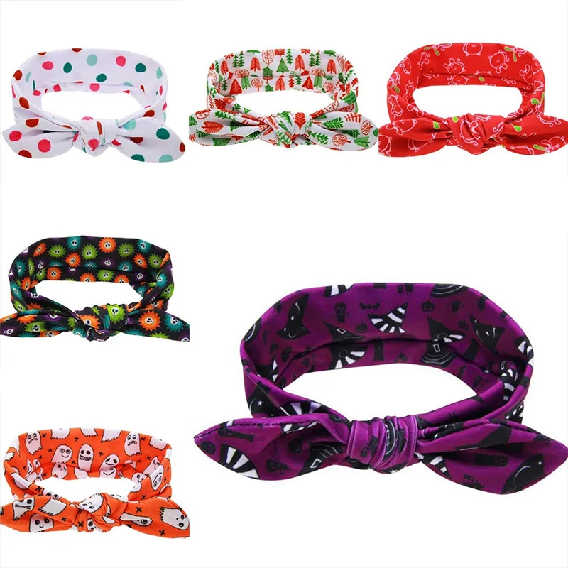 6 Цвета Хэллоуин бантик в виде кроличьих ушек и бантом мягкой принтованной