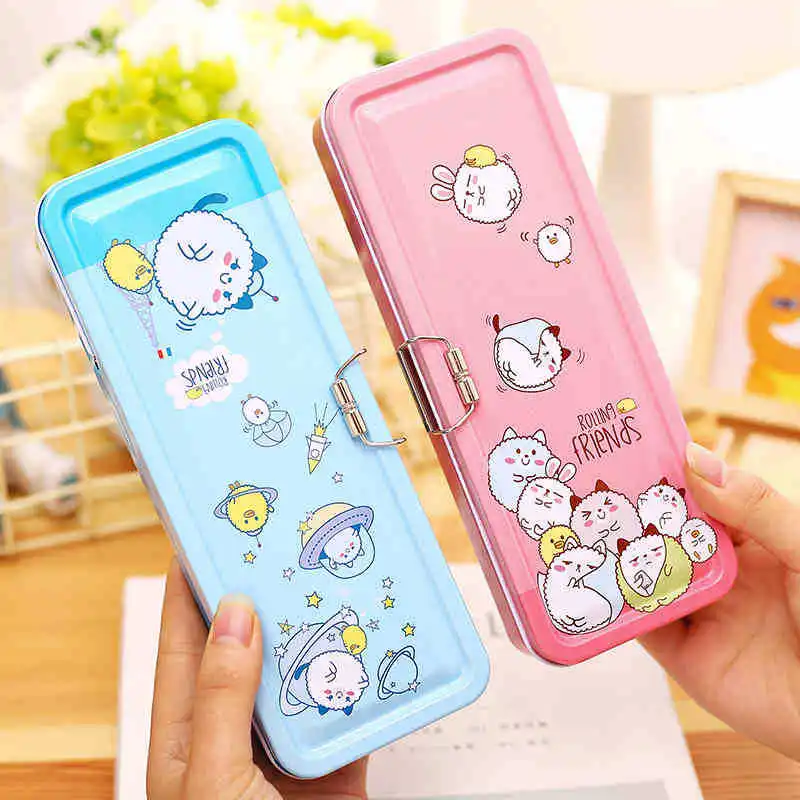 Double Deck Iron Case Pencil Box Kawaii Little Bear Metal Layer for School Students | Канцтовары для офиса и дома