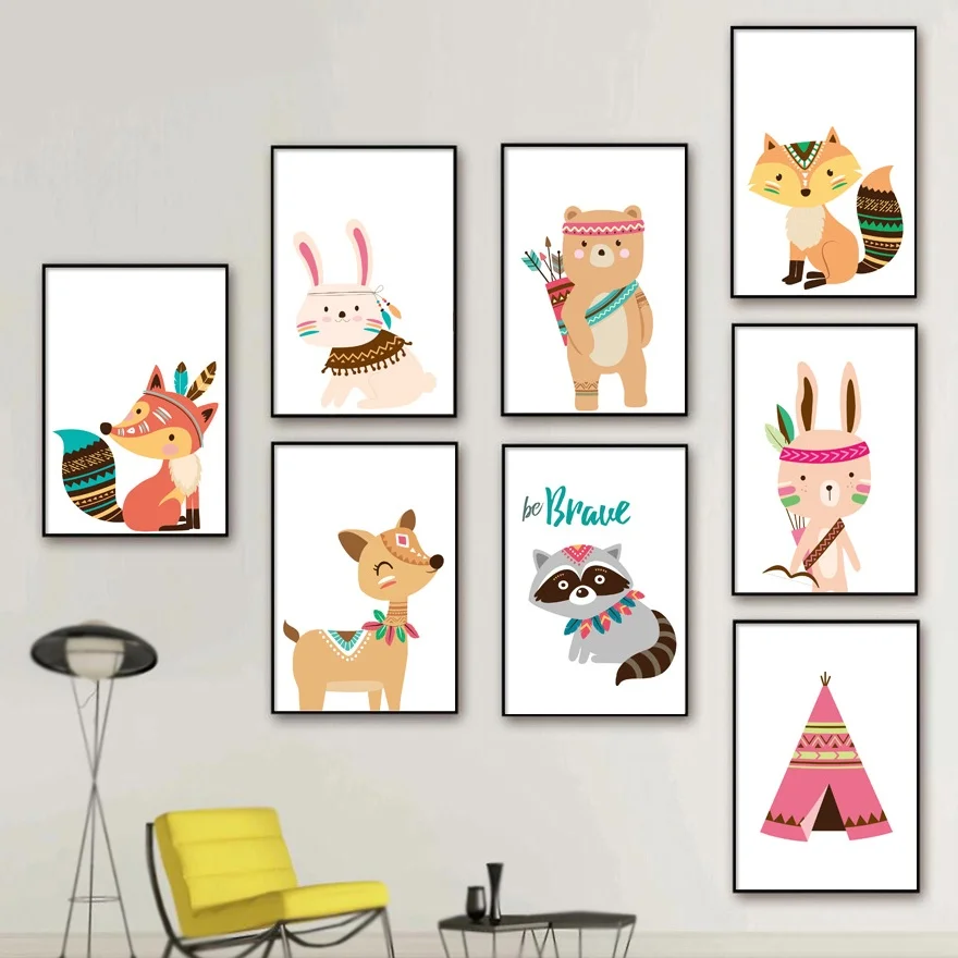 

Raccoon Rabbit Fox Deer Bear Tent Wall Art Canvas Painting Nordic Posters And Prints Kids Nursery Pictures Wall Paintings
