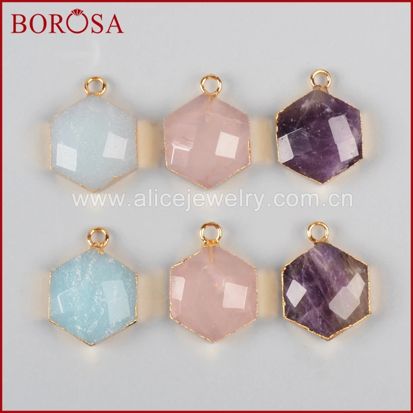

BOROSA 10PCS Gold Color Hexagon Multi-Kind Faceted Natural Stones Charm Druzy Pendant Beads Jewelry Findings for Necklace G0949