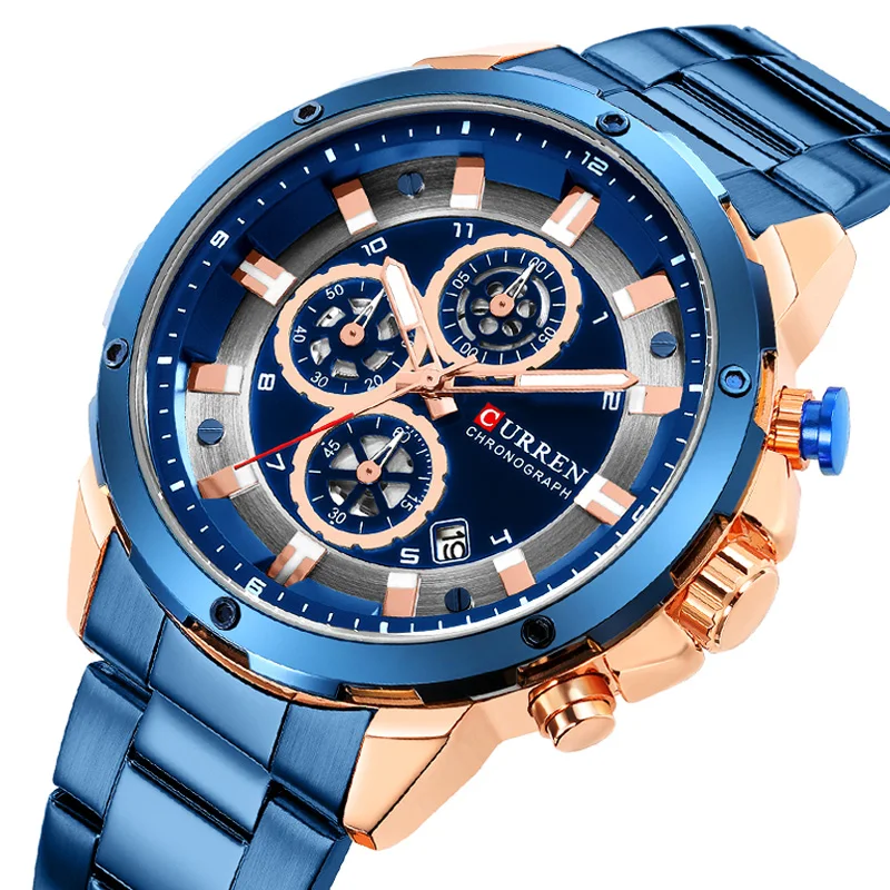 Мужские часы CURREN синие Роскошные кварцевые мужские из нержавеющей стали