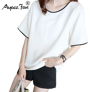 Футболка женская свободного покроя с круглым вырезом, однотонная Повседневная рубашка с коротким рукавом для девушек-студенток, черный белый топ на лето, размера плюс