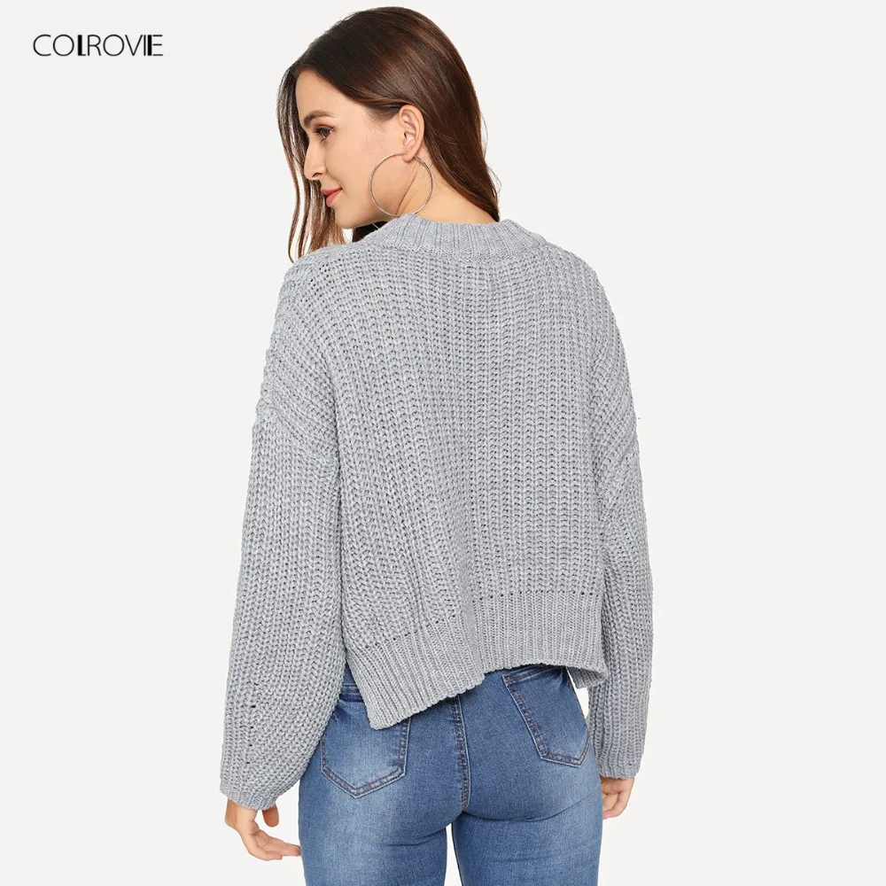COLROVIE серый однотонный Повседневный вязаный короткий женский свитер осенний вязаный свитер с длинным рукавом пуловер для девочек джемпер