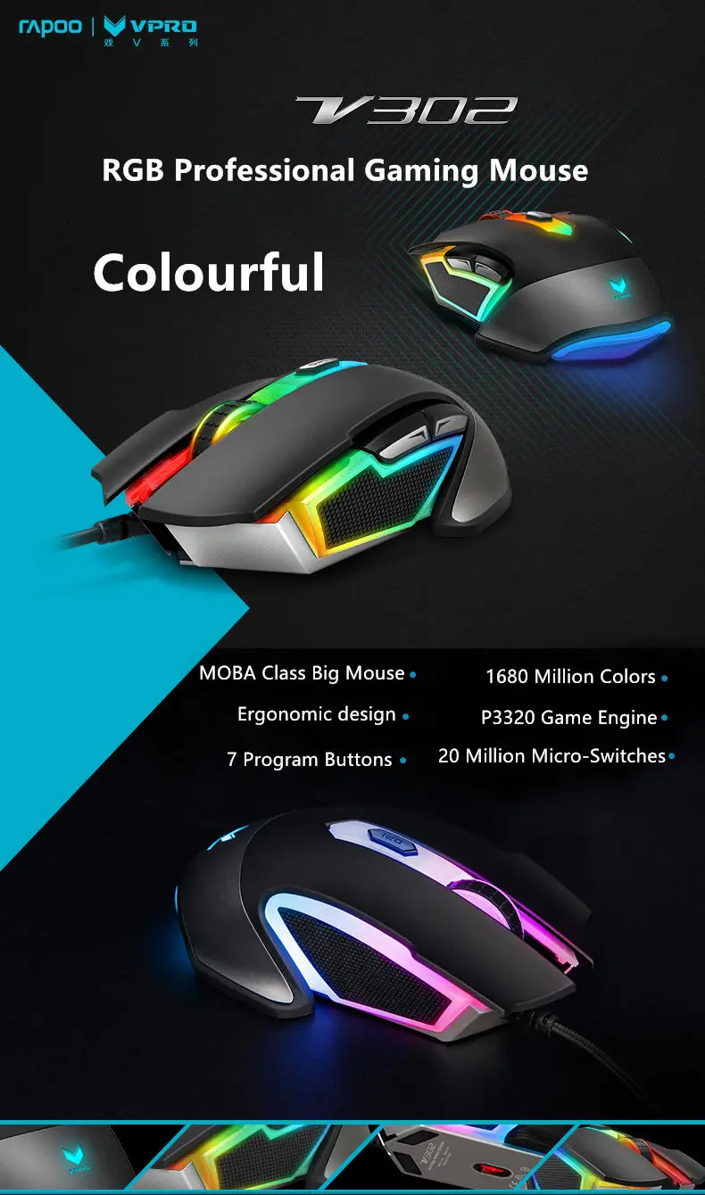 Rapoo V302 7000 dpi 7 программируемых кнопок Оптический сенсор P3320 подсветка оптическая игровая мышь для профессионального геймера