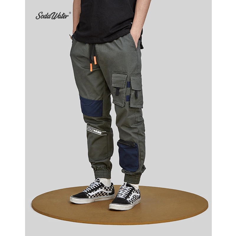 SODA WATER 2019 text printed cargo pants street men's waist elastic strength jogging 94181SS|Брюки-карго| |