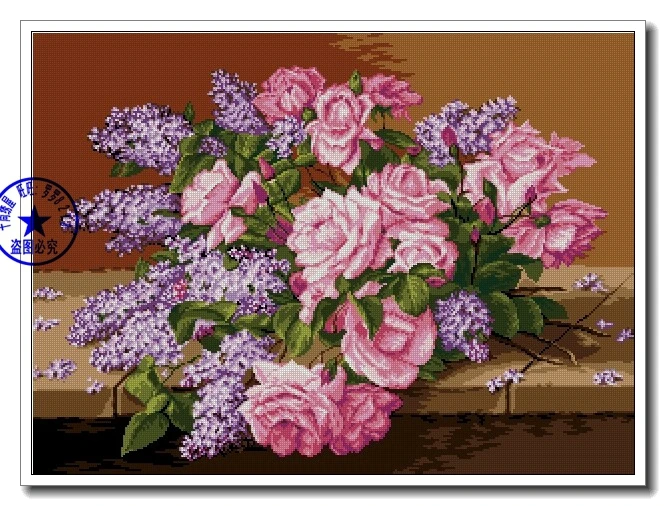 Amishop Top Quality Lovely Beautiful Counted Cross Stitch Kit Rose Delphinium Hybrid Lavender Flower Flowers