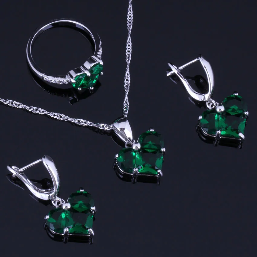 

Absorbing Heart Shaped Green Cubic Zirconia Silver Plated Jewelry Sets Earrings Pendant Chain Ring V0979