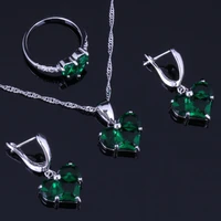 absorbing heart shaped green cubic zirconia silver plated jewelry sets earrings pendant chain ring v0979