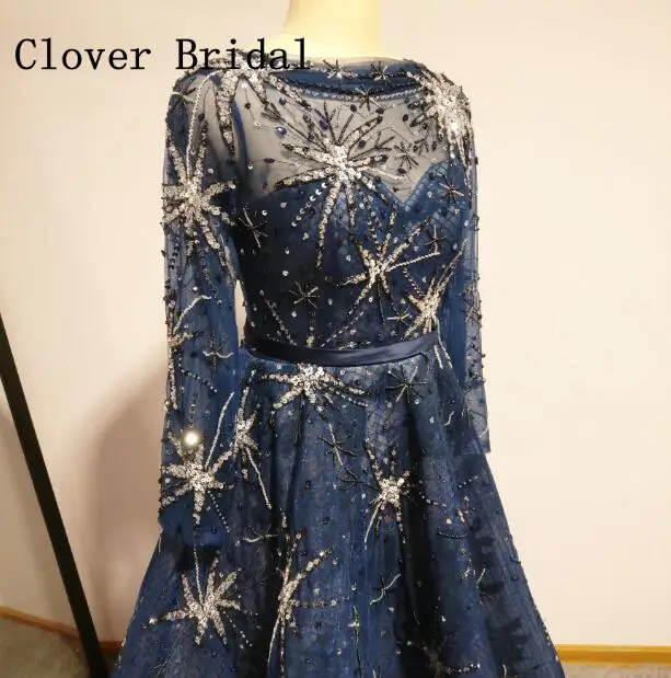 Navy Blue Evening Dresses Shining Crystal Beaded Pretty Tulle Lace Short Evening Dresses Robe De Soiree Formal Gown