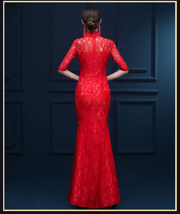 Средний рукав красный длинный Cheongsam кружева Vintga Китайский традиционный свадебный платье для рождественской вечеринки Cheongsam платья рыбий хвост Qiapo