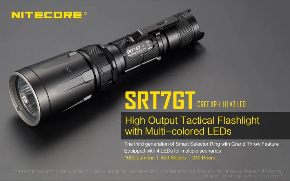Набор фонарей NITECORE SRT7GT CREE XP-L HI V3 RGB УФ-Фонарик Макс 1000ЛМ дальность луча 450 м фонарь+ аккумулятор 18650+ зарядное устройство