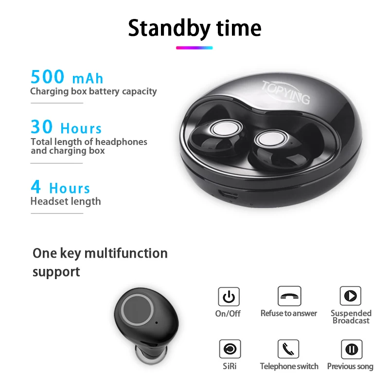 TOPYING Bluetooth наушники 5 0 TWS Беспроводная мини гарнитура с 500 мАч зарядная коробка