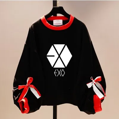 Новинка 2021 корейские свободные однотонные толстовки kpop EXO с бантом Женский