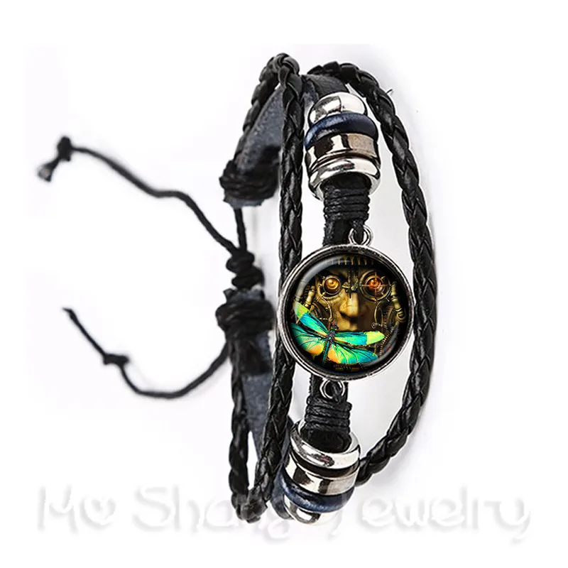 Dragonfly Pattern Classic Bracelet Insect Art Picture Glass Cabochon Dome Black/Brown 2 Color Leather Cords Adjustable Bangle | Украшения и