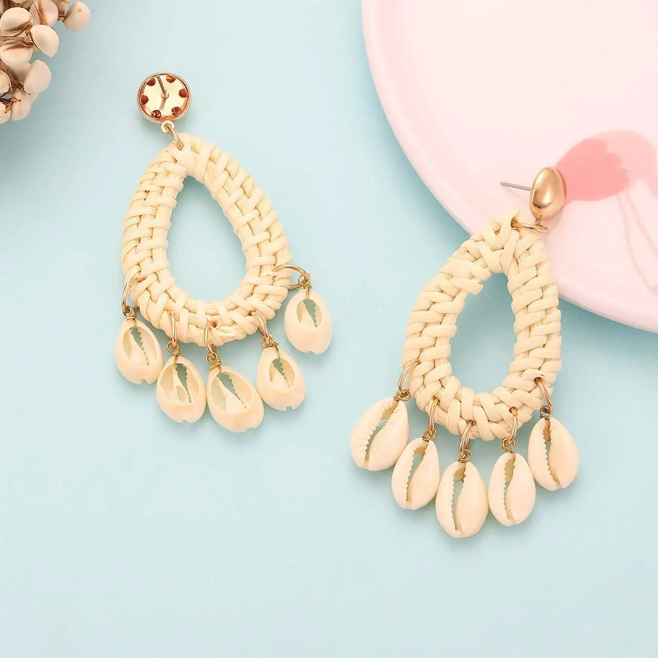 Bohemian Summer Earring Jewelry with Handmade Staw Weave Rattan Knit Sea Ocean Shell for Women Gift | Украшения и аксессуары