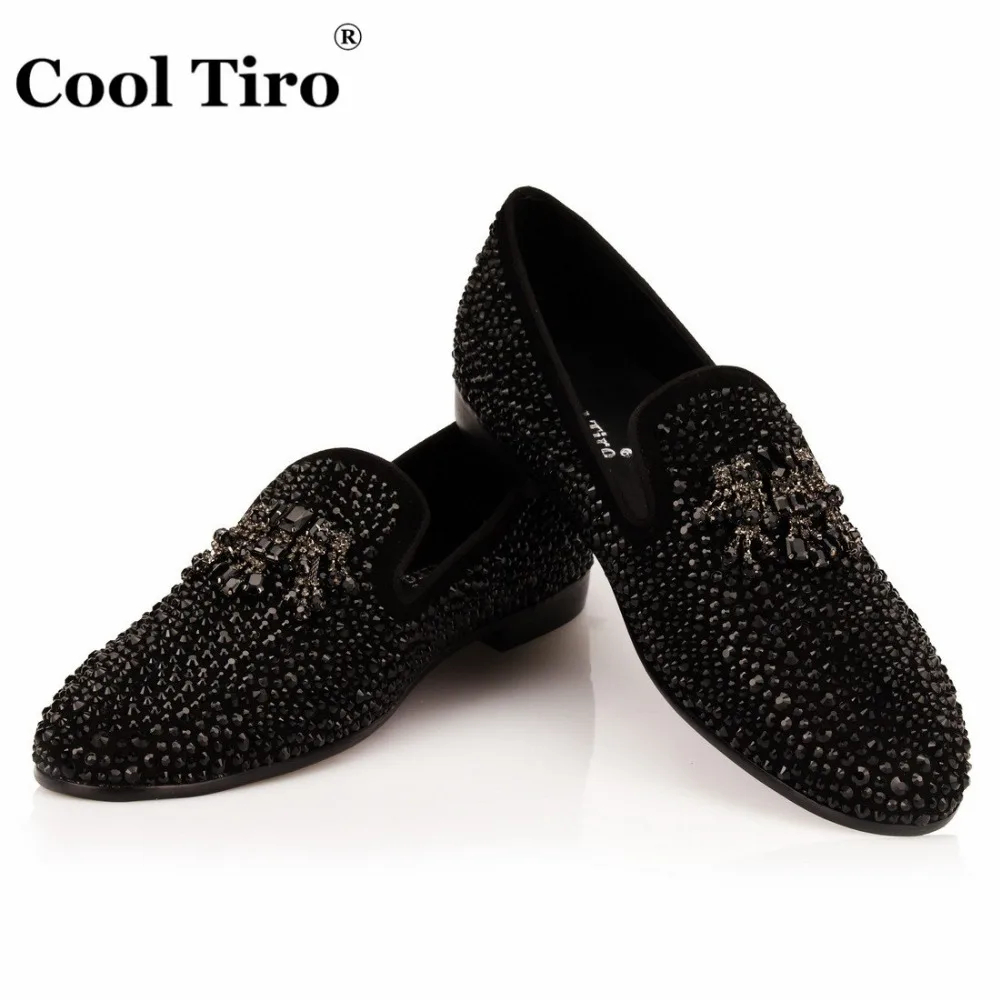 COOL TIRO Black Strass Men Loafers Crystals Tassel Dress Shoes Wedding Party Flat Moccasins Smoking Slippers Casual Formal | Обувь