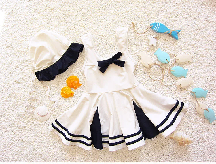 Детское цельнокроеное платье в морском стиле для девочек купальный костюм милый