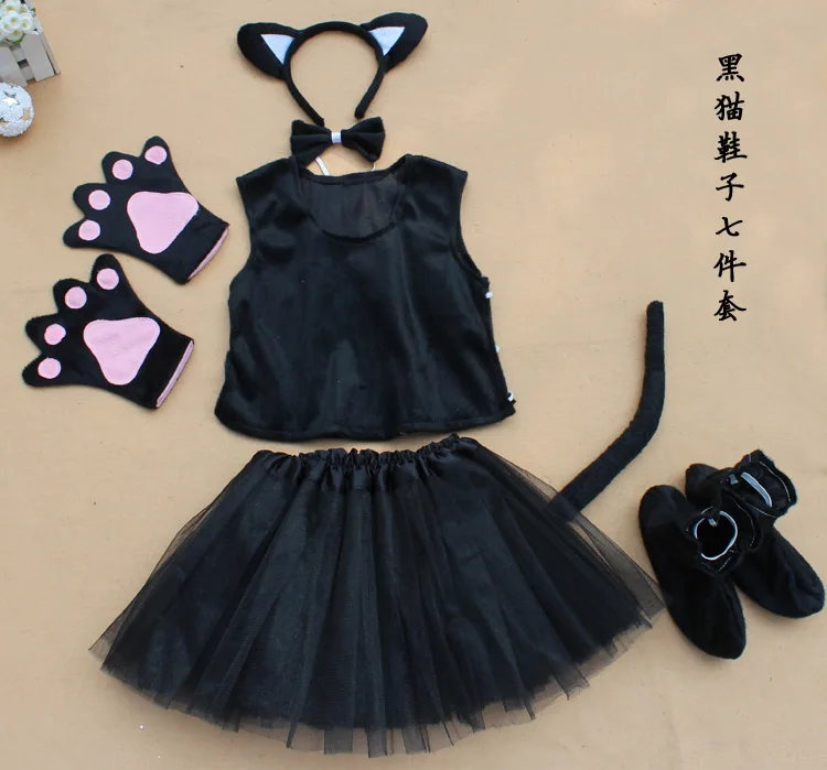 black cat Детский костюм животного для косплея: лягушка, кролик, медведь, слон, мышь, пчела, лиса, краб, лиса, костюм животного для косплея, повязка на голову, жилет, юбка, перчатки, обувь для детей - Цвет: black cat