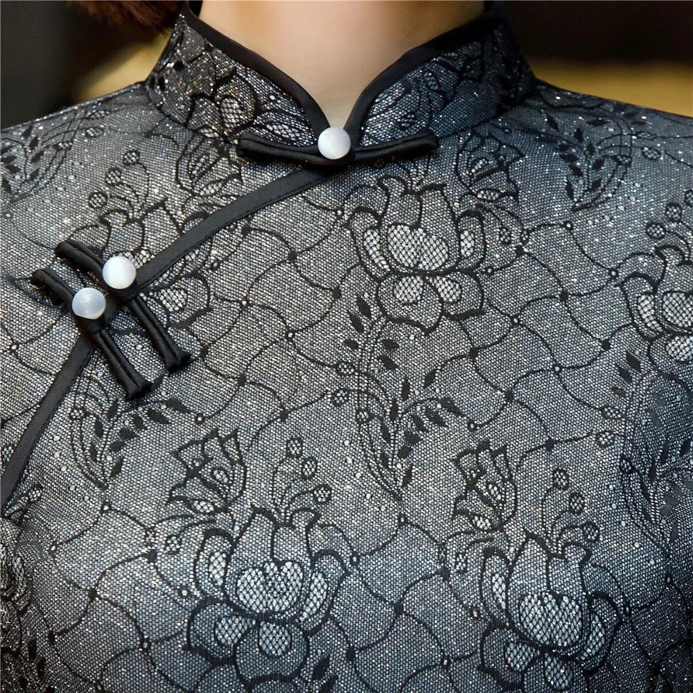 Шанхай история короткий рукав кружева Qipao длиной до колена Cheongsam платье китайское
