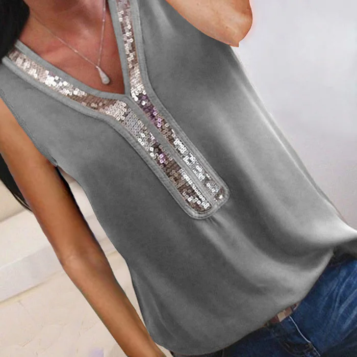 Gray Sleeveless Женская шифоновая блуза с v-образным вырезом и пайетками, S-5XL, новинка, летняя Офисная Женская блузка с коротким рукавом, топы размера плюс, женская блуза - Цвет: Gray Sleeveless