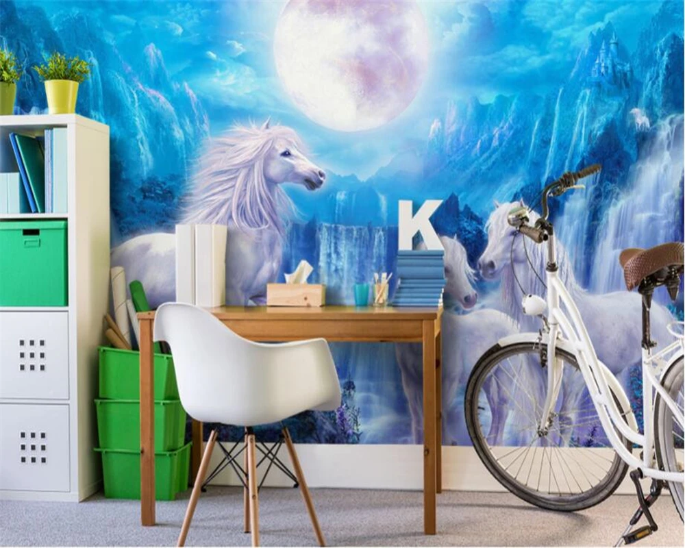 Пользовательские модные обои синее небо водопад лошадь Луна фон для детской