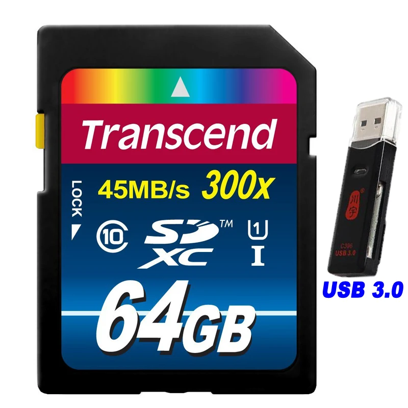 Высокоскоростная SD карта Transcend 16 32 64 ГБ 300x класс 10 флэш памяти с USB 3 0 кардридером
