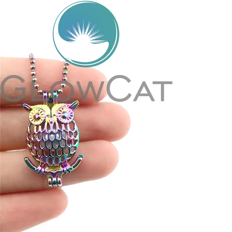 R-C17 Rainbow Colors Owl Beads Cage Pendant Essential Oil Diffuser Aromatherapy Pearl Locket Necklace | Украшения и аксессуары