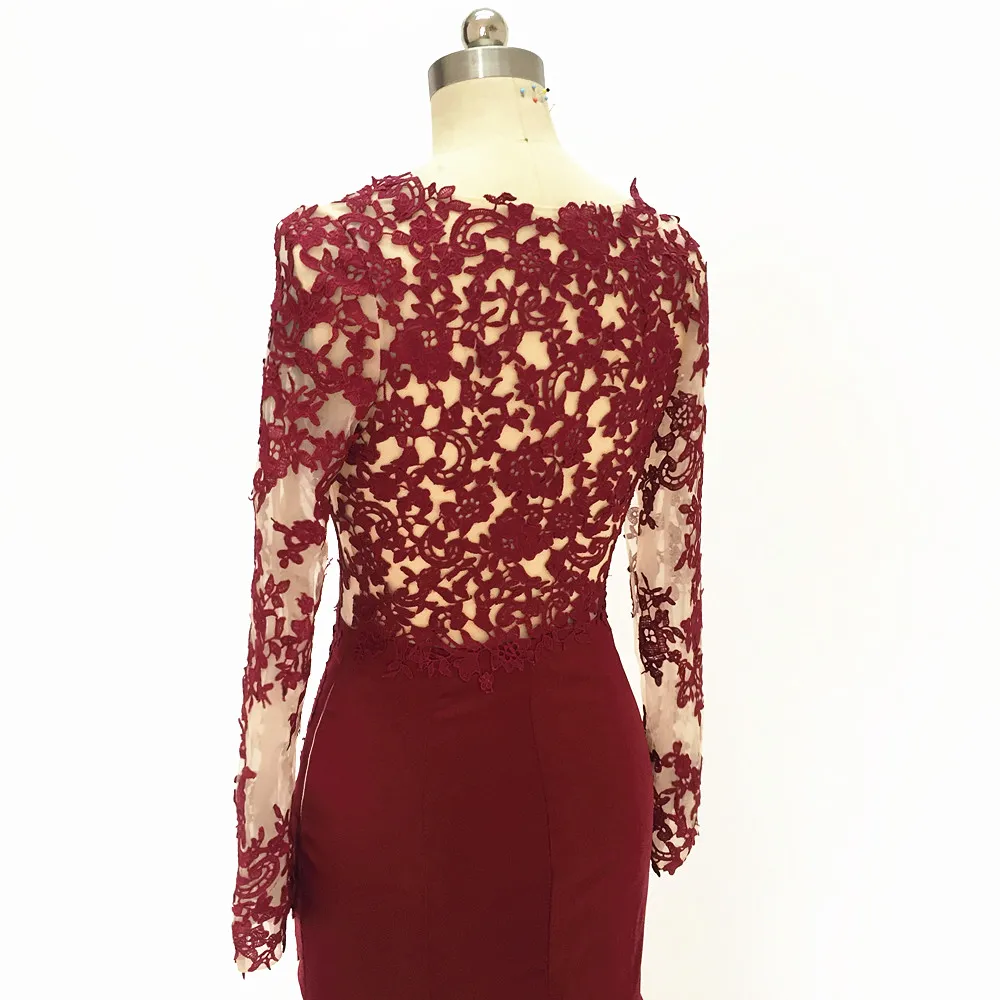 

Long Sleeves Lace Mermaid Evening Dresses Burgundy 2020 robe de soire Deep V Neck Satin Prom Dresses For Women