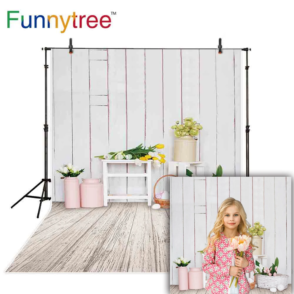 Фон для фотосъемки Funnytree Пасхальный фон с белой деревянной корзиной и яйцами в
