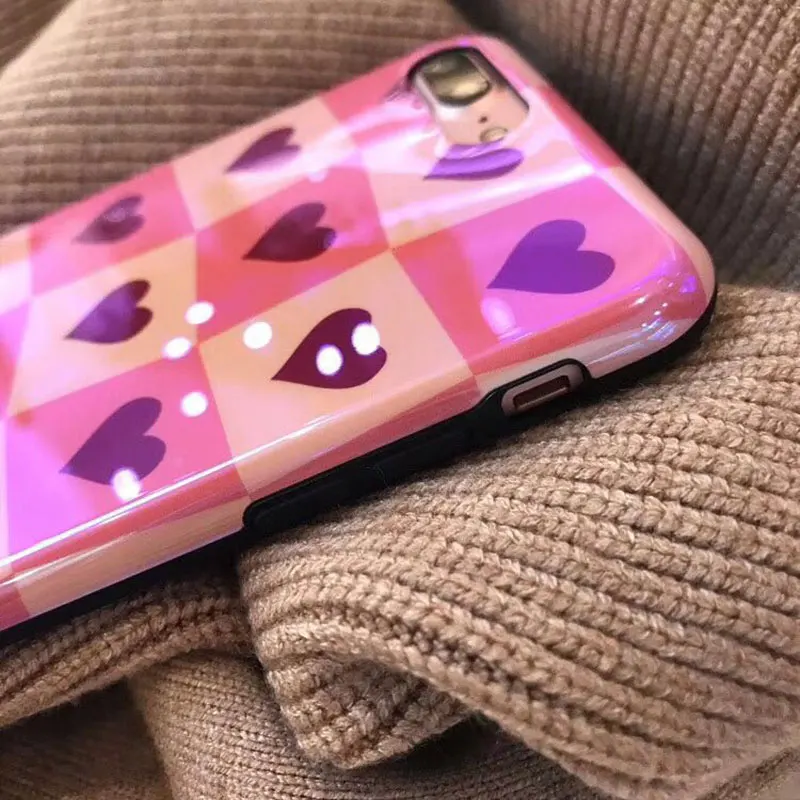 Boucho Blu-ray Glossy Phone Case For iphone 8 Cases X 6 6s 7 Plus Soft Silicone Lattice Love Heart Pattern Back Cover |