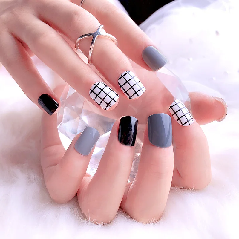 Girls White Grid Patterns Acrylic Fake Nails Women Simple Casual Artificial Nail With Glue Fashion Black Grey Color False | Красота и