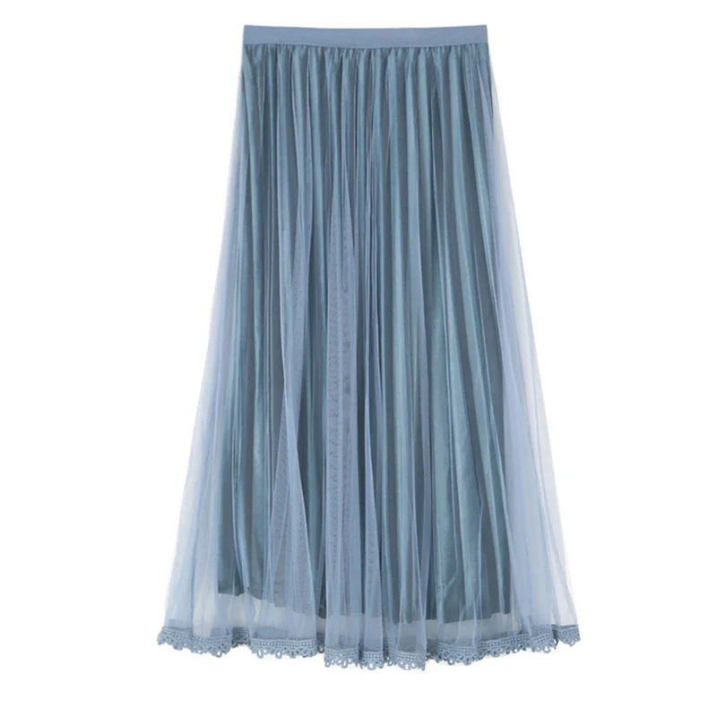 Velvet And Tulle Skirt Women 2018 Autumn Winter Fashion Korean Lace Elegant High Waist Pleated Female Midi Long | Женская одежда