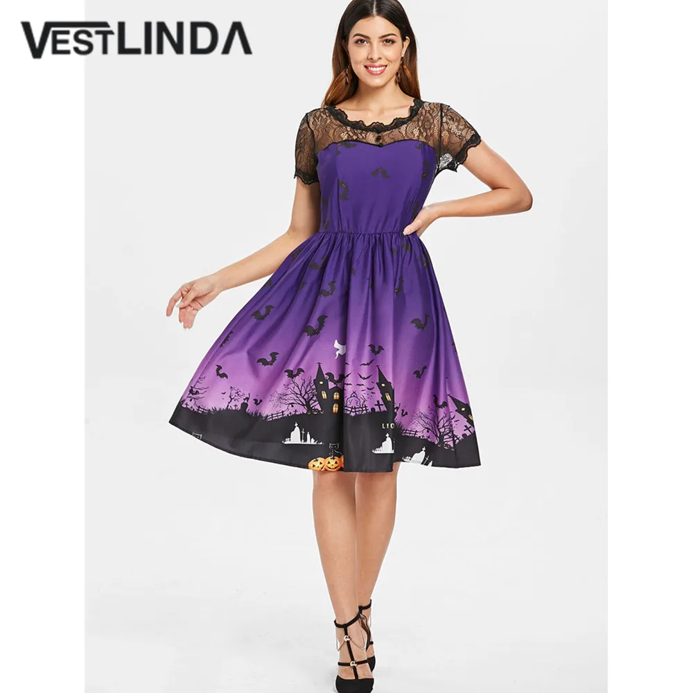 Женское винтажное платье с короткими рукавами VESTLINDA заколка на Хеллоуин принтом