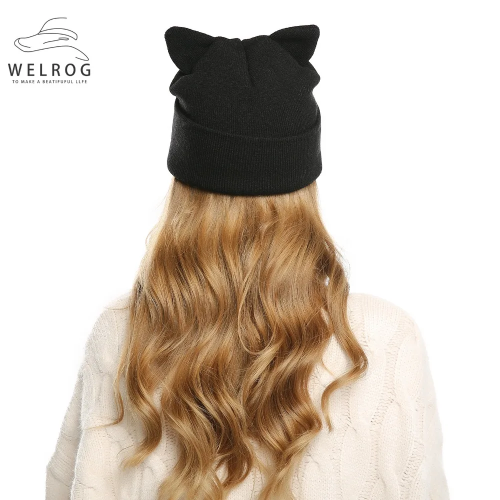 WELROG Skullies Gorros Новинка года осень кошачьи уши женские шапочки шапки для Весна Зима Трикотажные черный печатных повседневное шапки