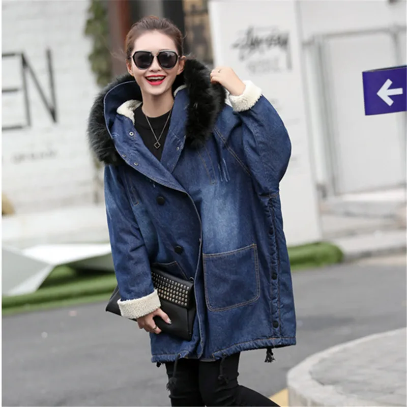 2018 зимнее пальто из овечьей шерсти джинсовая куртка Женская мода принт Длинные с