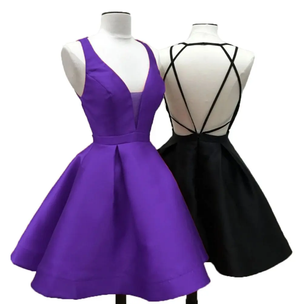 

Hot Sale Red Short Homecoming Dress Satin Backless Mini Prom Dress Party gown Sexy v neck Graduation Dress vestido curto