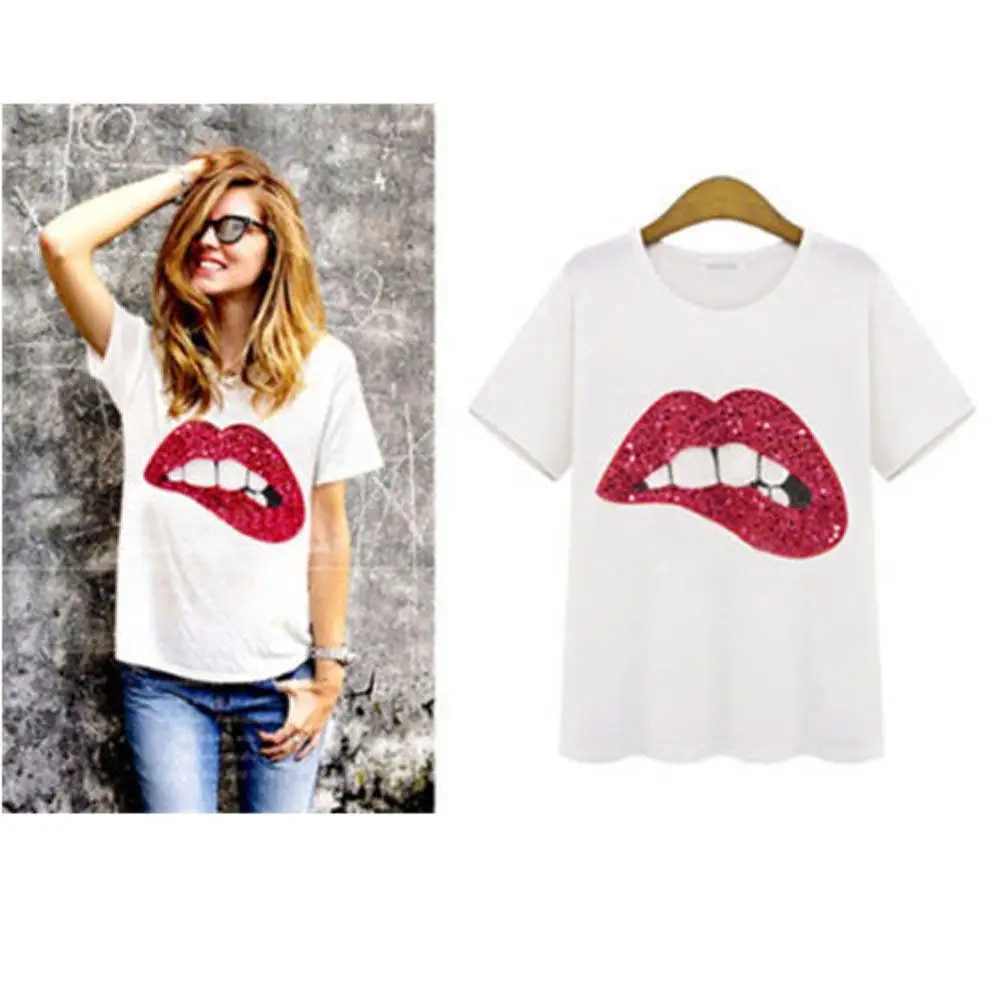 Летний стиль круглый воротник блестки зеленые красные губы сексуальная женская