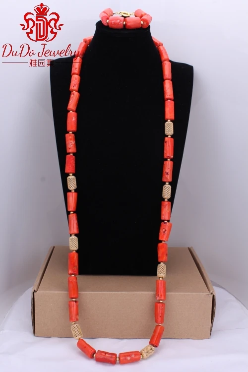 

Orange 100% Genuine African Men Coral Beads Necklace Jewelry Set Nigerian Wedding Big Degin Long Necklace Bracelet Free Shipping