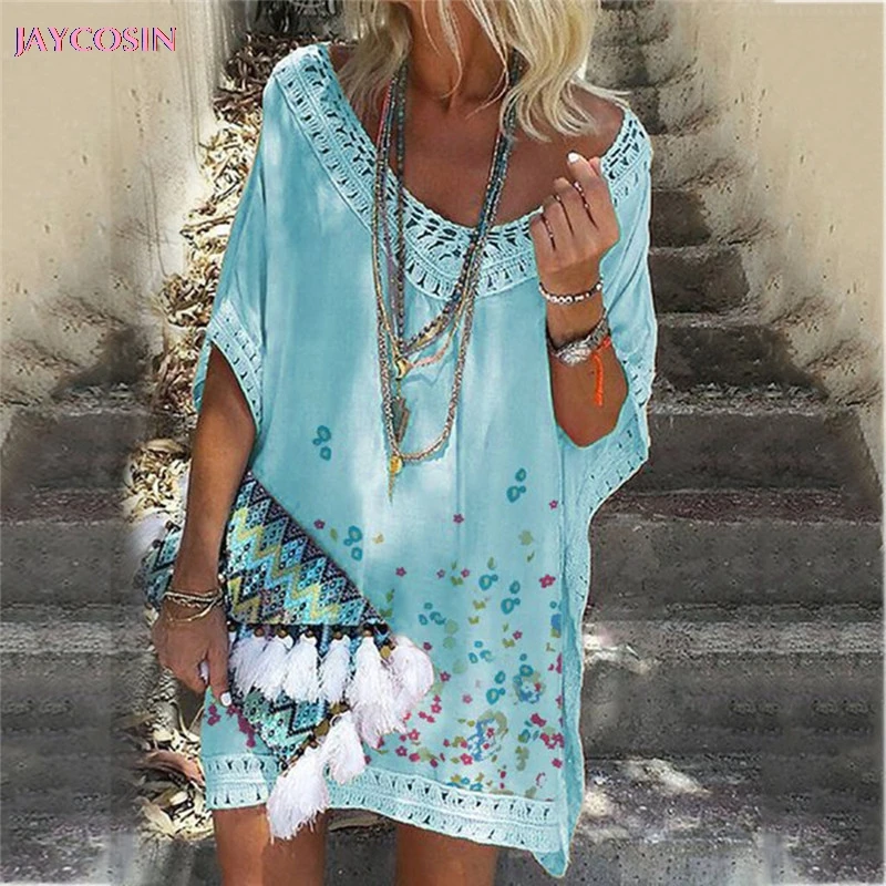 Женское платье с коротким рукавом и принтом летучая мышь пляжная одежда Boho